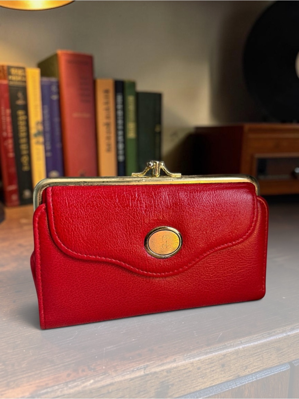 Vintage Red Leather Kiss-Lock Wallet Clutch